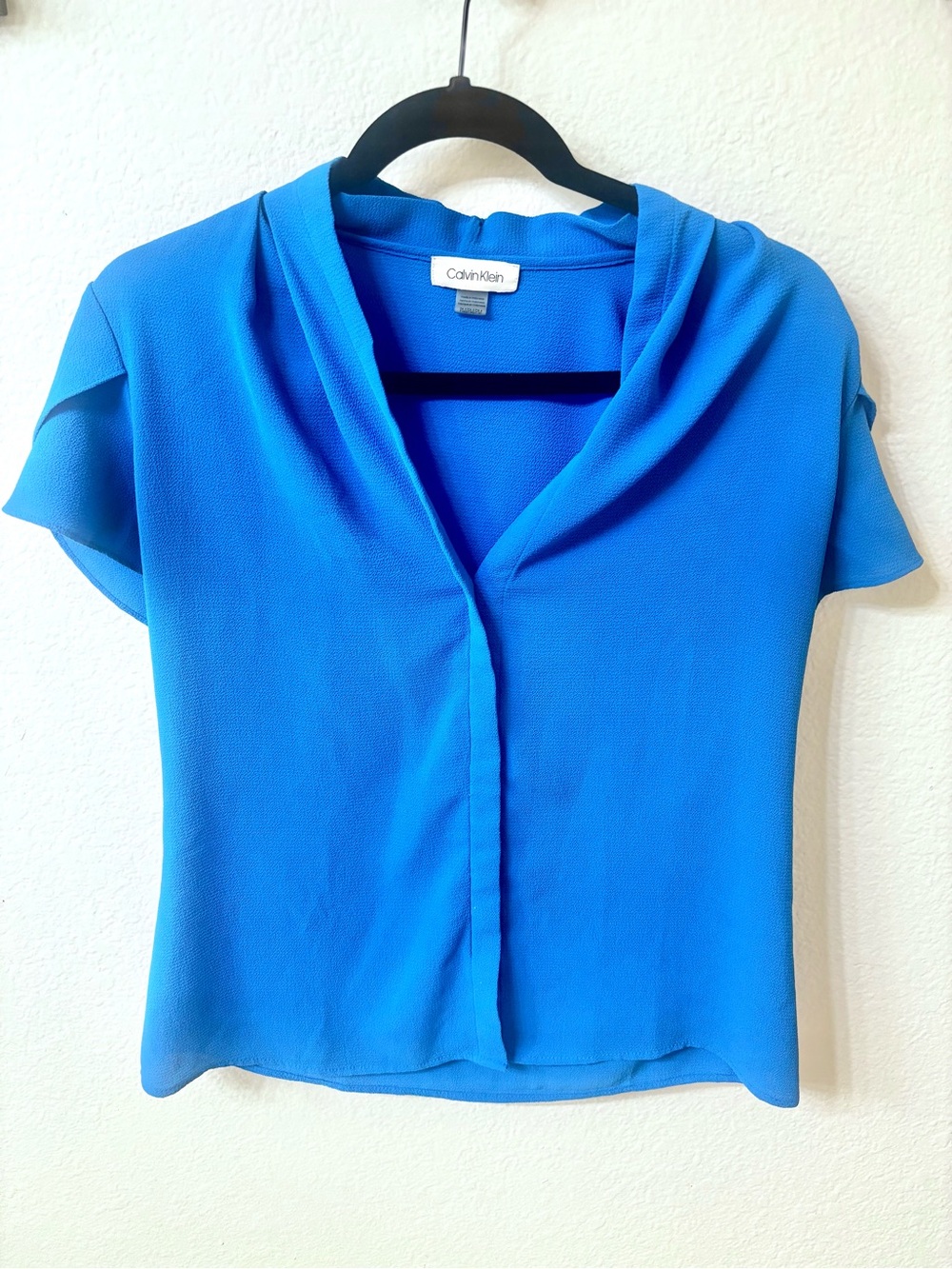 Calvin Klein Bright Blue Draped V-Neck Short Sleeve Blouse
